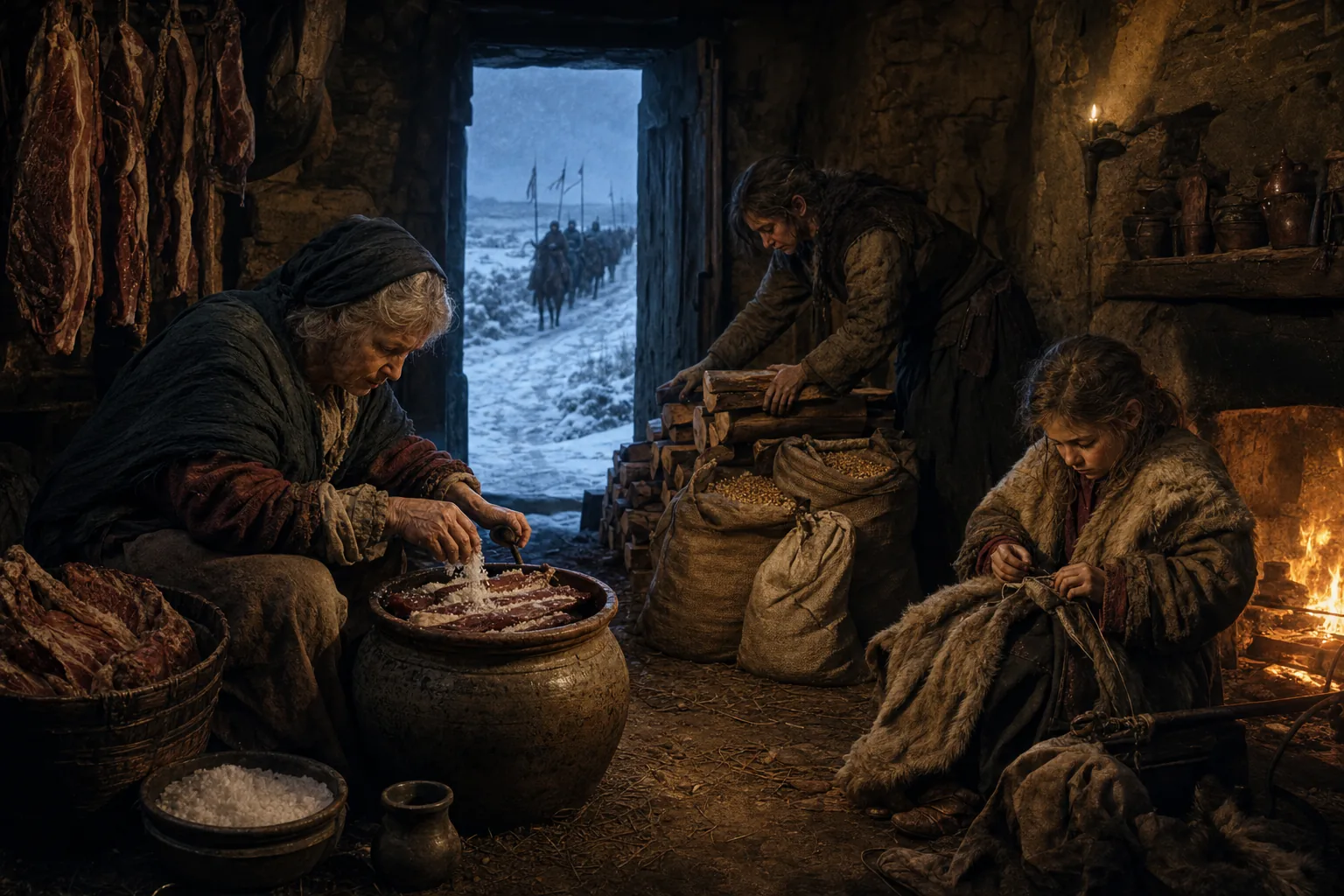 A rural family salting meat, counting firewood, and mending a fur cloak before the first snow