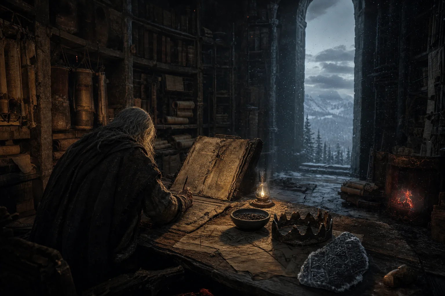 An elderly copyist in an ancient archive, between a dim lamp and snow blowing in through the gate