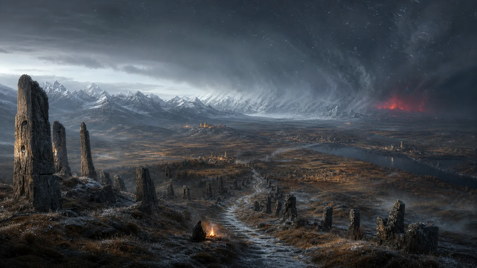 A vast land between a storm of ice and distant fire, with a road passing ancient ruins on its way toward winter