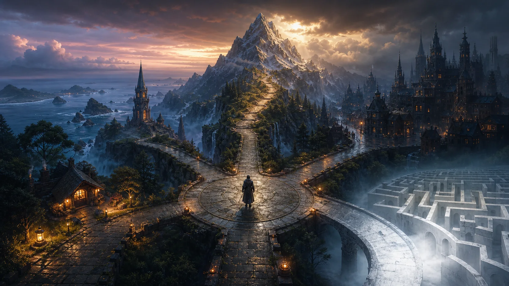 A fantasy crossroads leading toward a warm hearth, an island sea, a dark forest, and distant epic mountains