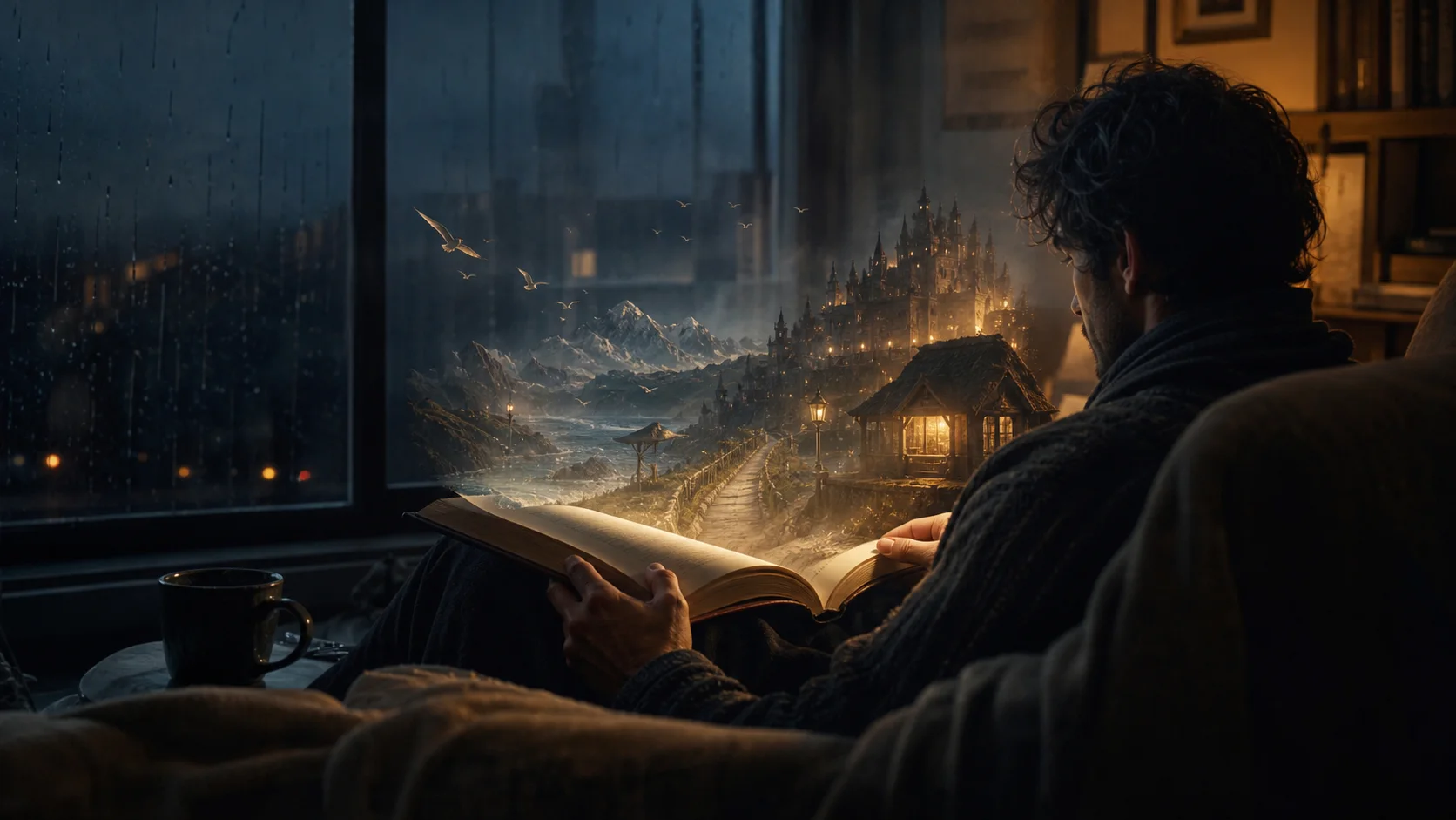 A tired reader beside a warm lamp at night as a quiet imaginary landscape rises from an unbranded open book
