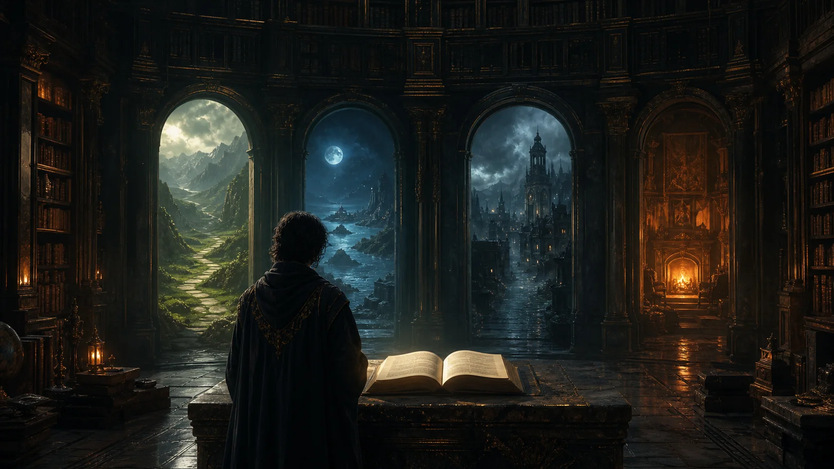 A reader in a vast shadowed library facing several luminous doorways into different fantasy worlds