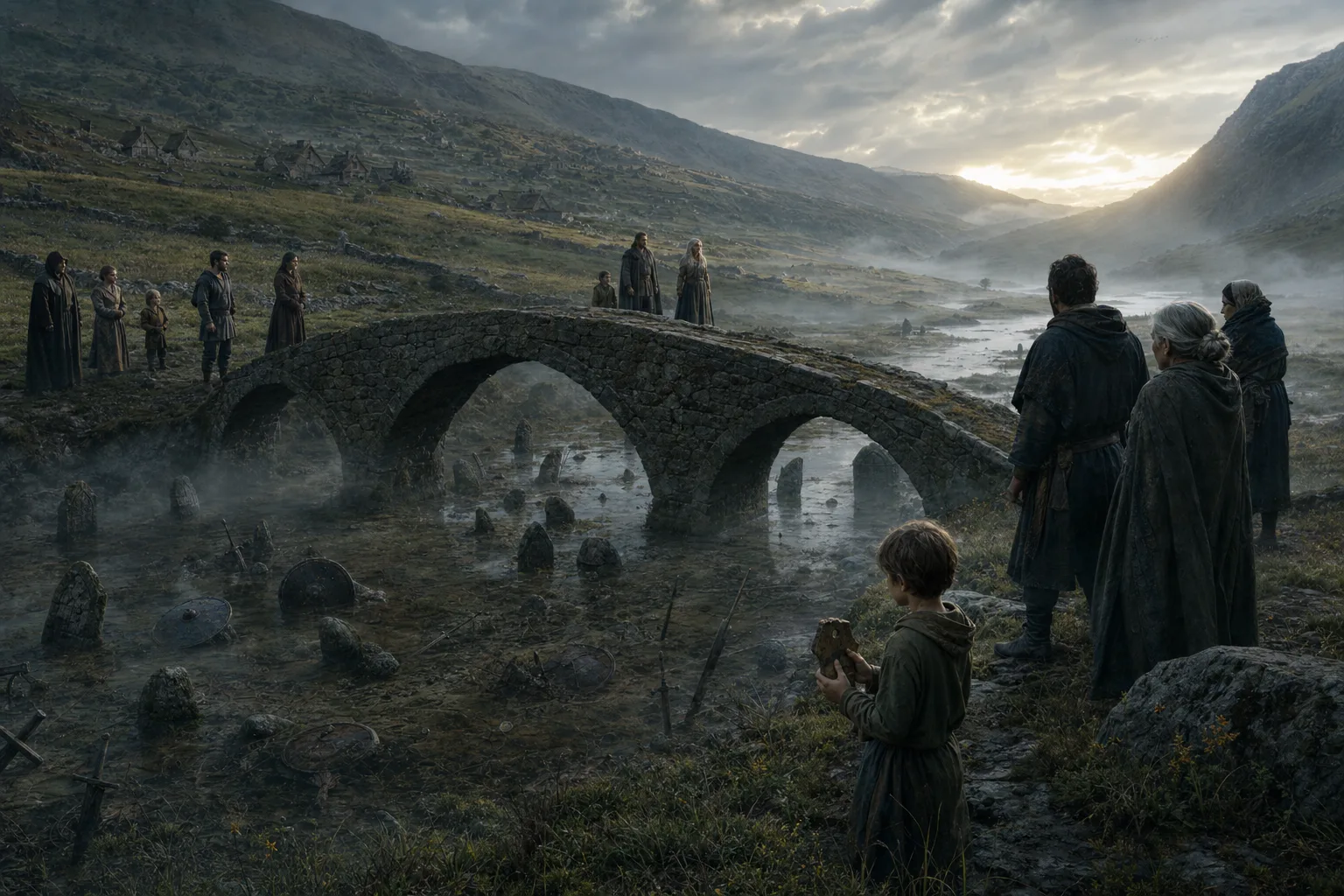 Mist withdraws from a peaceful valley, exposing forgotten graves and the war buried beneath the present