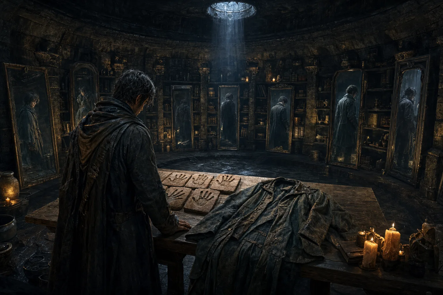 A traveller confronts relics and reflections of his forgotten selves in an underground archive