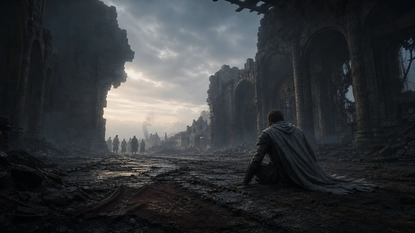A memoryless traveller sits in a ruined hall before survivors who still remember his past