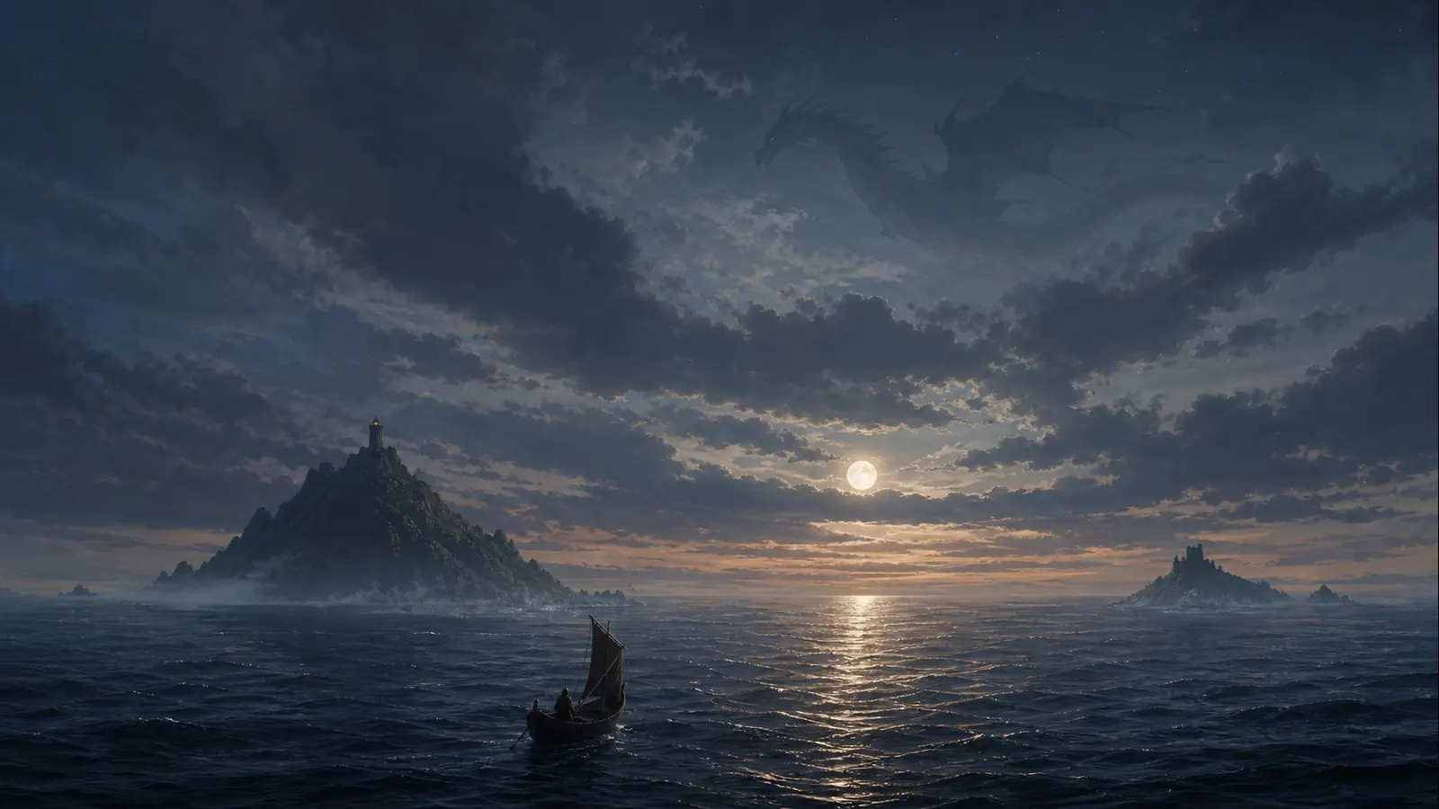 A small wooden boat crossing dark open sea at twilight, with two distant islands, a vast dragon-like shadow high in the clouds, and moonlight reflected in the water