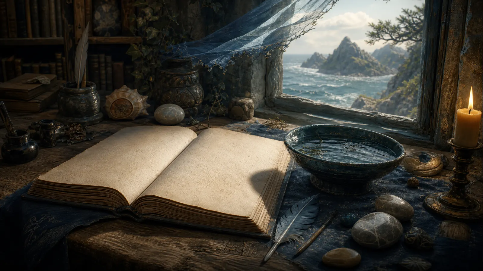 A quiet mage study by the sea, with an open blank naming book, seawater bowl, smooth stones, candle, feather, and island wind moving through a small window