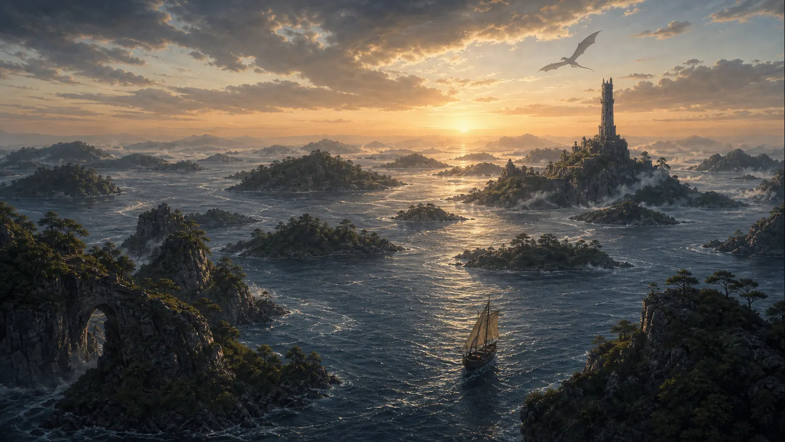 A wide oceanic fantasy archipelago at dawn, with green islands, a small sailing boat, a distant stone tower, and a dragon-like silhouette high above the sea