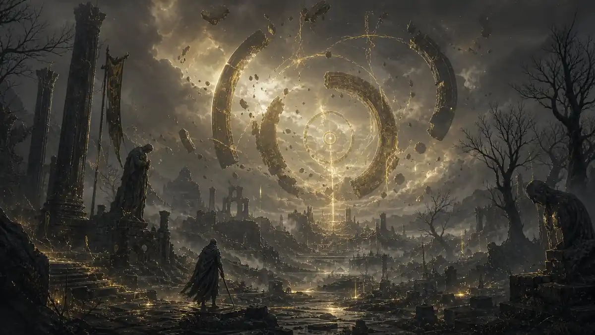 Eine zerstörte Fantasywelt unter graugoldenem Himmel, gebrochene Säulen, zersplitterte Lichtringe und ein einsamer Wanderer zwischen alten Ruinen