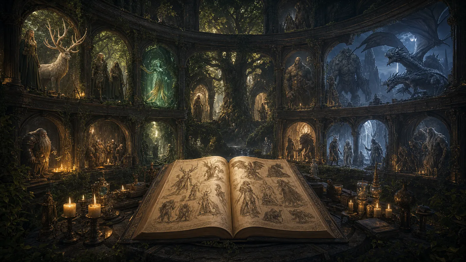 Eine Lore-Halle mit offenem Bestiarium, Elfen, Zwergen, Waldgeistern, Titanen und fernen Drachen