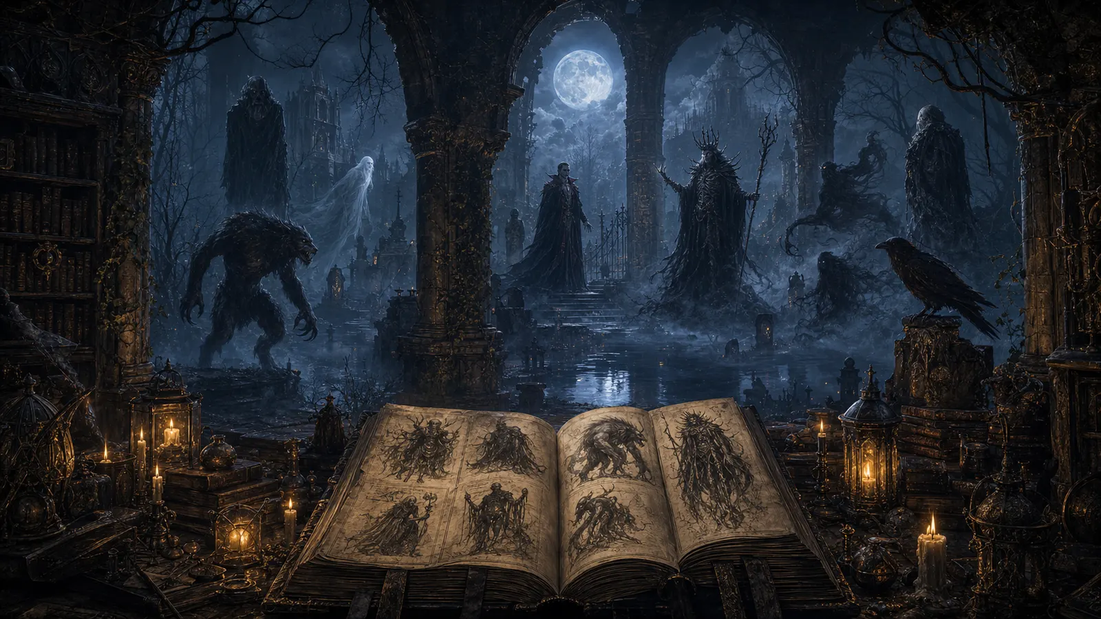 Ein dunkles Lore-Buch in nebligen Ruinen mit Vampir, Werwolf, Geist, Lich, Schatten und Zeichen von Tod und Nacht