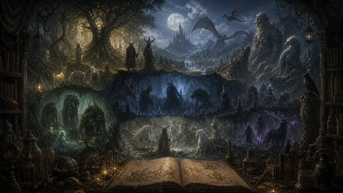 Ein offenes Bestiarium mit Drachen, Waldgeistern, Nachtwesen und einer fernen Burg unter dem Mond
