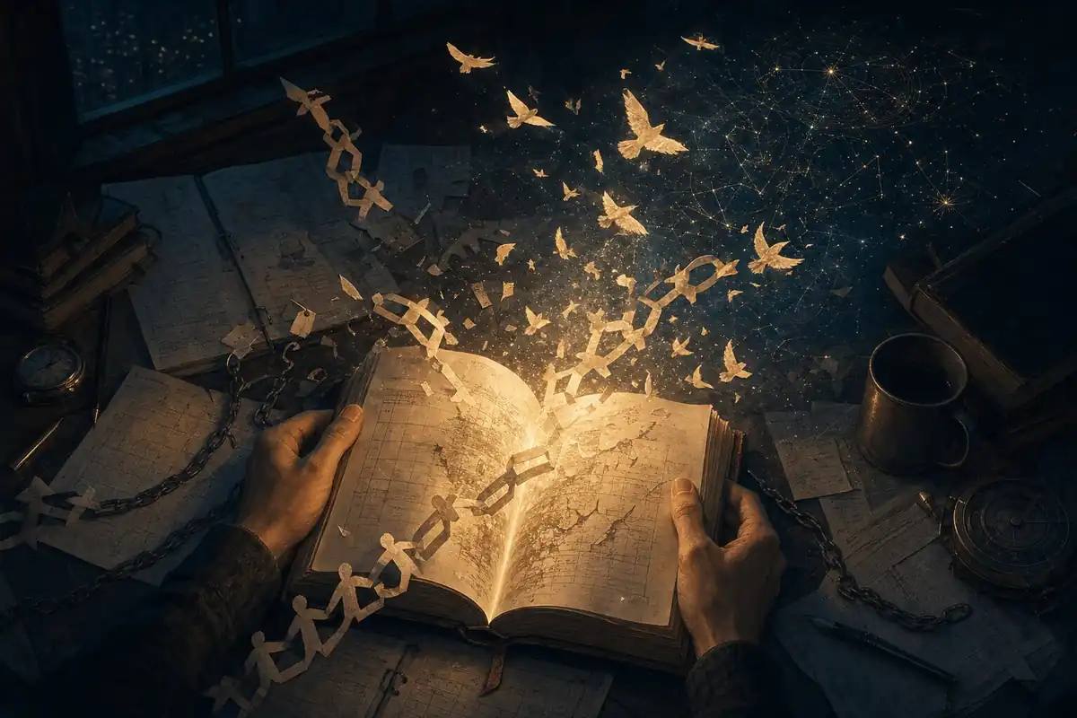 Manos abriendo un libro antiguo mientras cadenas de papel salen de sus páginas y se transforman en aves luminosas