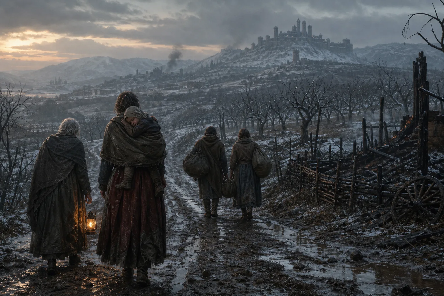 A muddy road after a feudal war, with displaced families passing burned fields while a distant winter storm closes over the hills