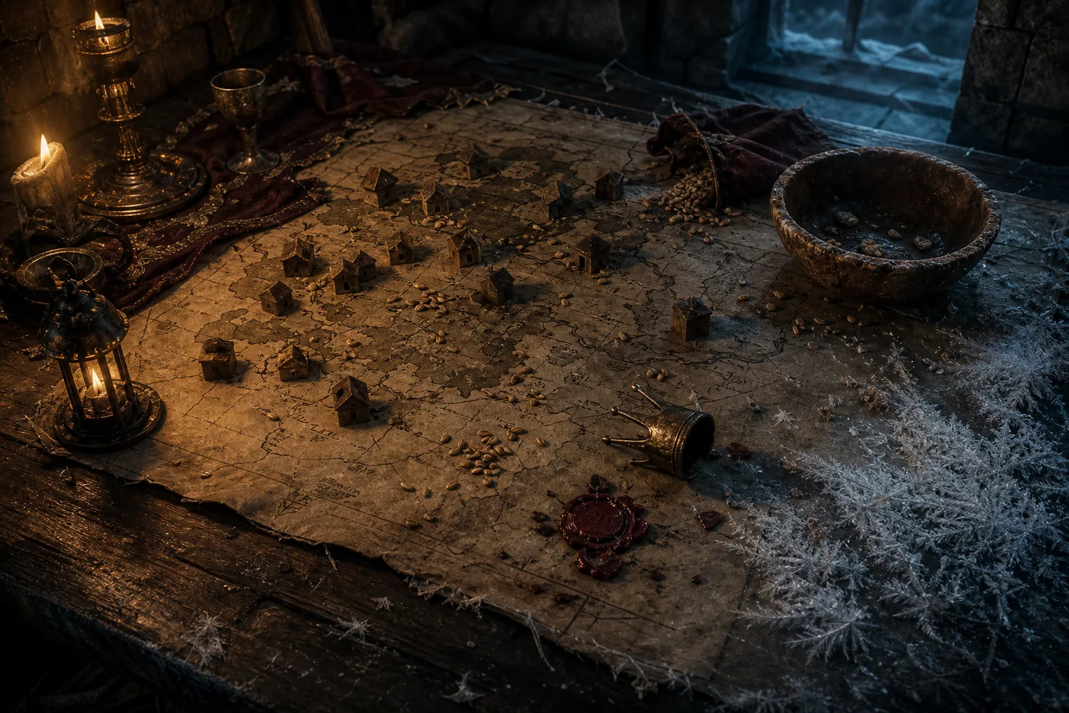 A candlelit war table covered with disputed borders, broken seals, grain tallies, and letters from distant keeps