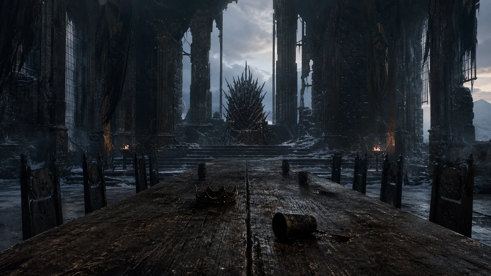 A battered crown on a war table in an abandoned stone hall while winter gathers beyond the windows
