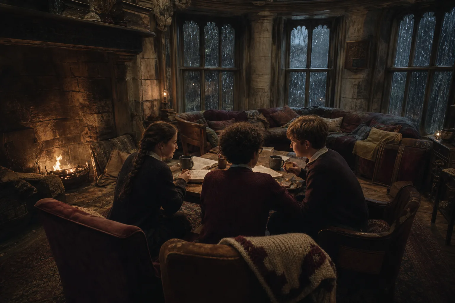 Three students in a worn common room beside the fire, surrounded by homework, bread, and simple cups