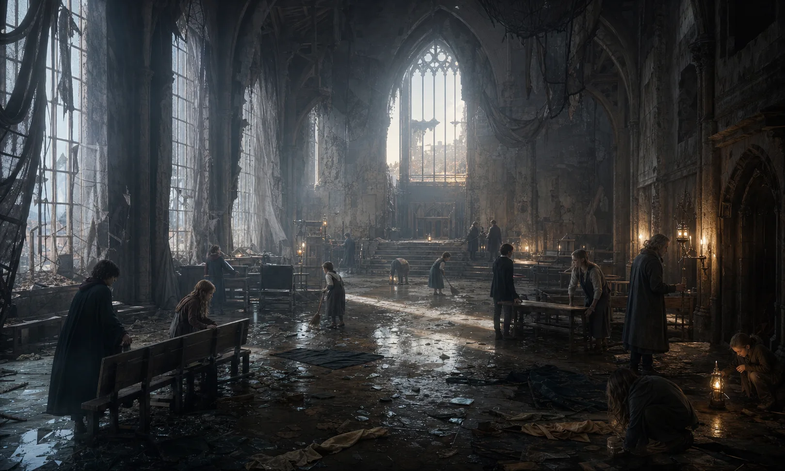 A symbolic image of students and teachers repairing a damaged stone hall together at dawn