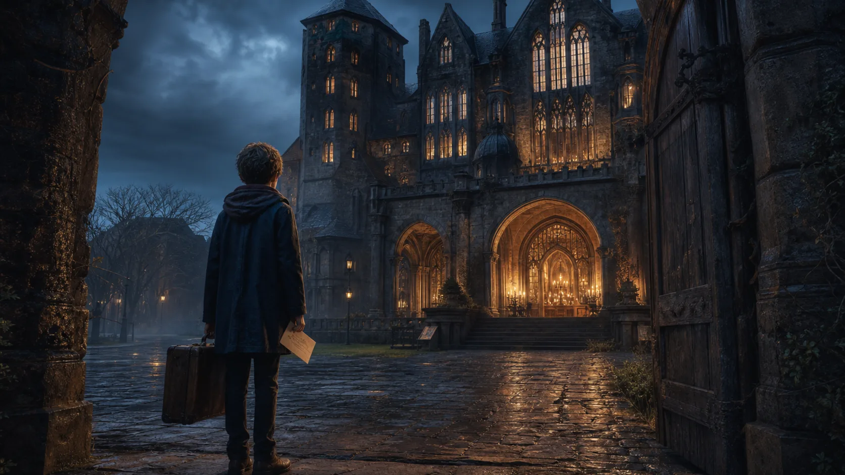 A child holding a suitcase and a letter at the threshold of a warm stone school beneath a rainy sky