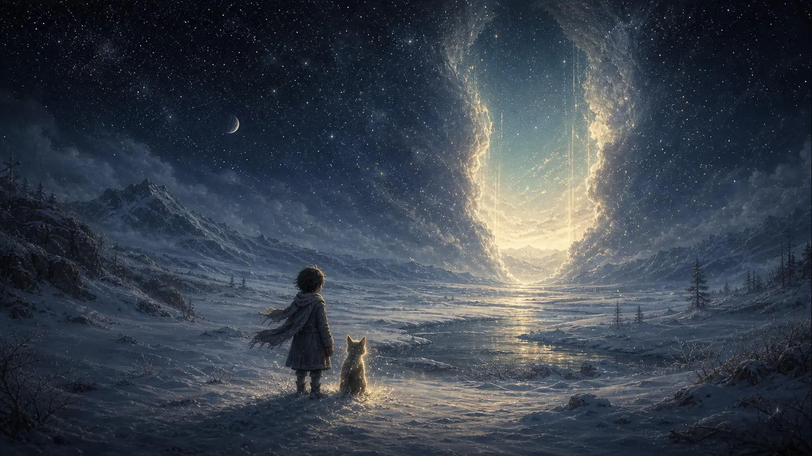 A child at the edge of a snowy field under stars, with a small animal companion made of soft shadow and light beside them, looking toward a shimmering opening between worlds