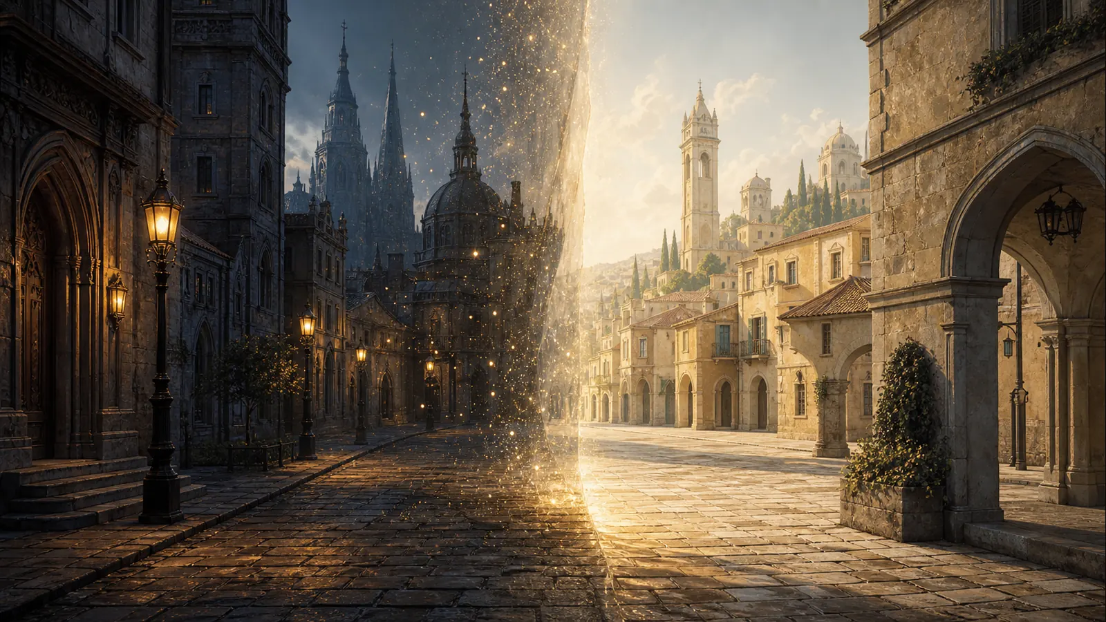 A city street split by a shimmering boundary between two worlds, one side scholarly stone and lamplight, the other sunlit and Mediterranean, with golden particles crossing the divide