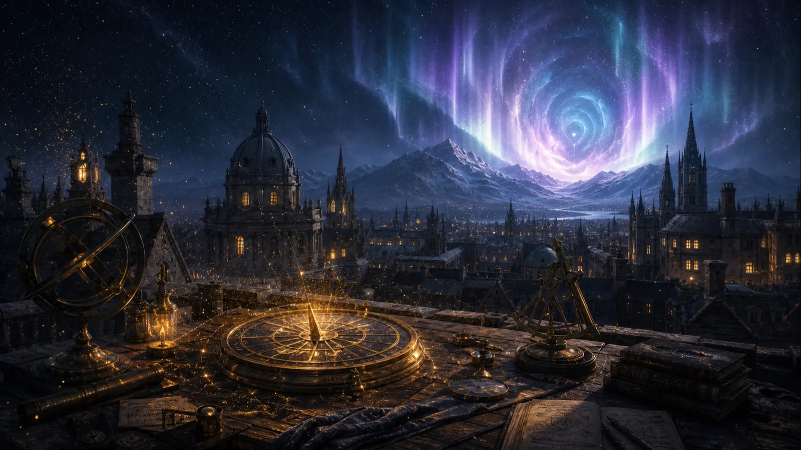 An old scholarly rooftop at night with brass instruments, an abstract golden truth compass, floating particles, and an aurora opening above distant northern mountains