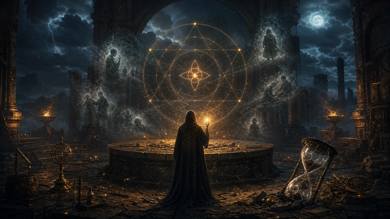 Ein entfernter Magier in einem zerstörten Tempel mit goldenem Zauberlicht, zerbrochener Sanduhr und Zeichen des Preises der Magie