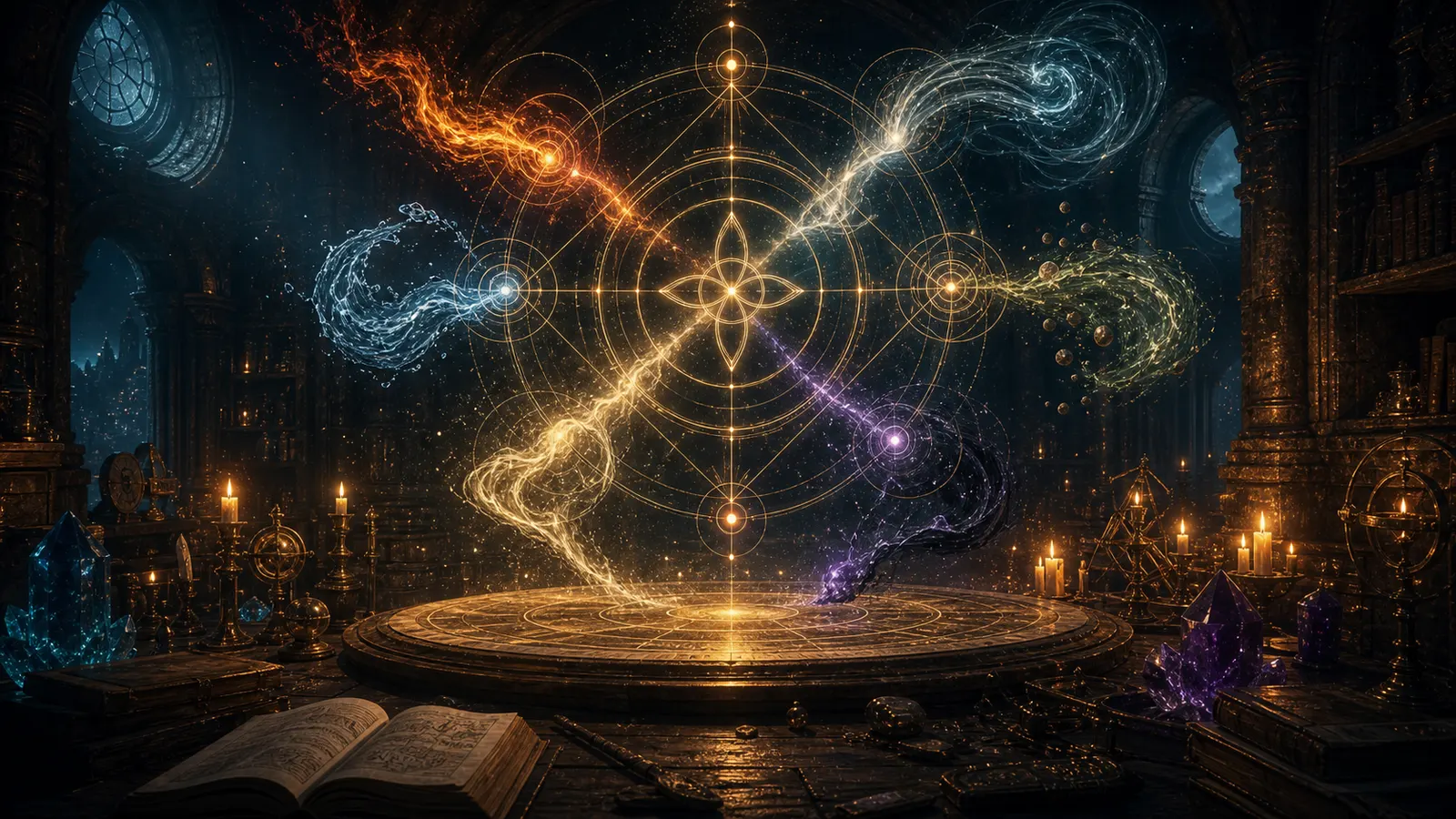 Ein altes magisches Observatorium mit goldenen Diagrammen, Elementströmen und Instrumenten, die die Gesetze der Magie zeigen