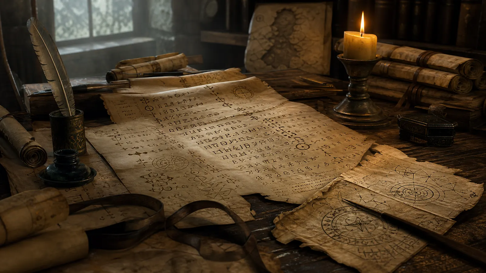 An old study table with invented alphabets, weathered parchment, ink, and a small map, suggesting languages that carry the memory of vanished kingdoms