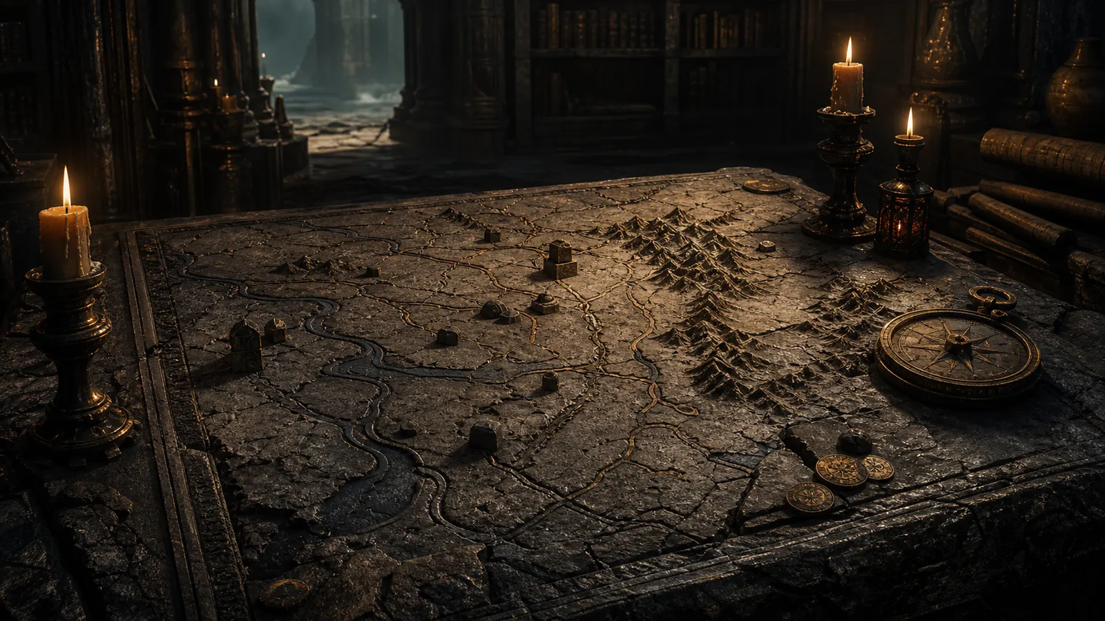 A weathered stone map table with rivers, mountain ridges, old roads, ruined markers, and candlelight suggesting centuries of travel and forgotten kingdoms
