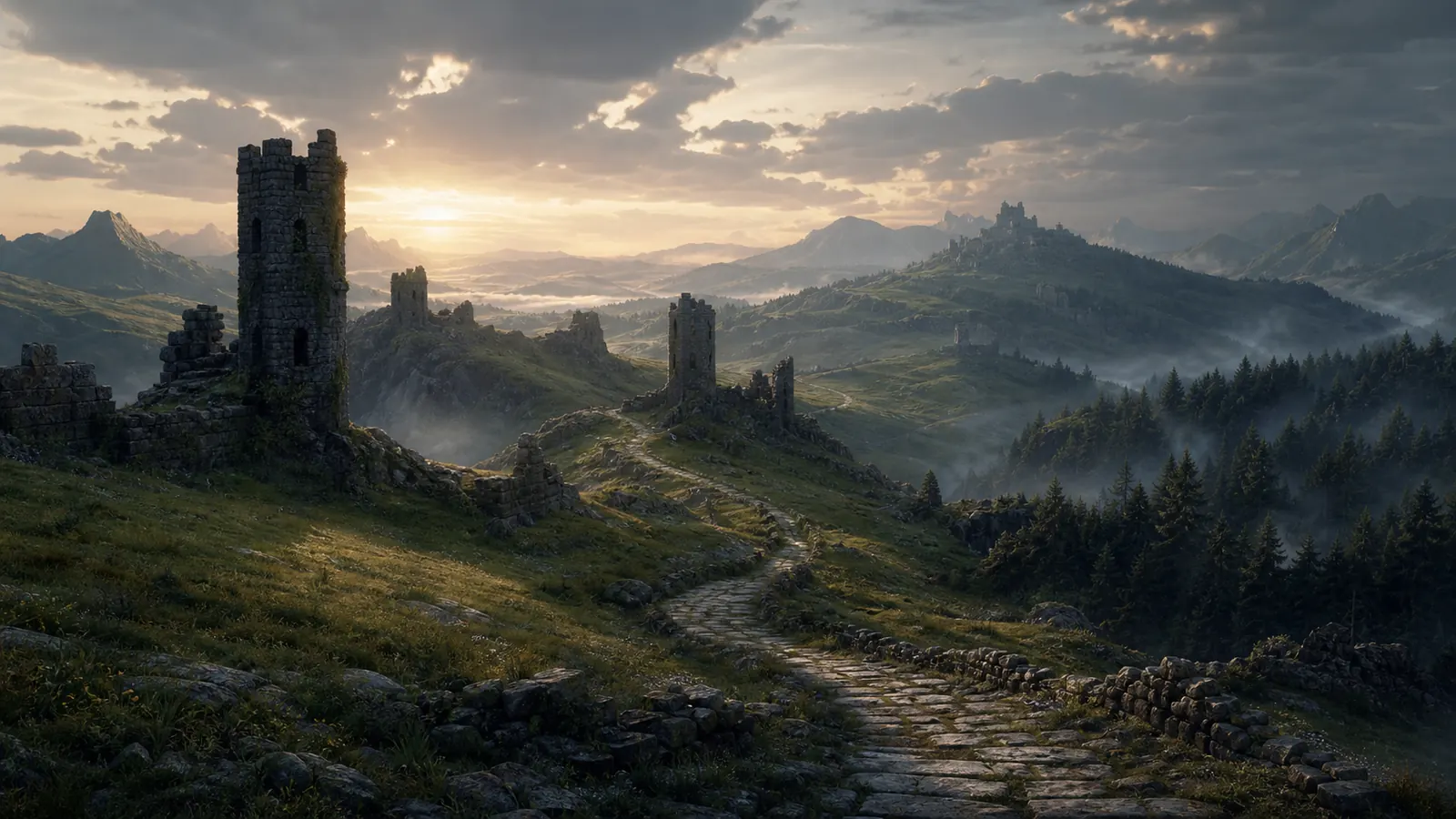 An ancient fantasy landscape with distant mountains, old roads, ruined towers, forests, and a dawn sky over a world that feels older than its story