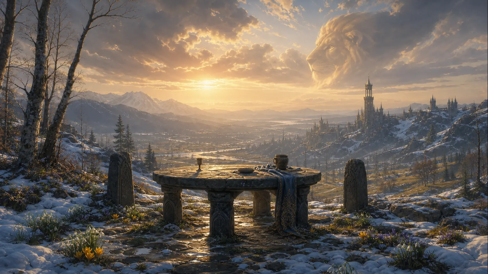 A thawing fantasy valley after winter, with a stone table on a hill, flowers breaking through snow, distant towers, and a lion-like shape suggested in golden clouds