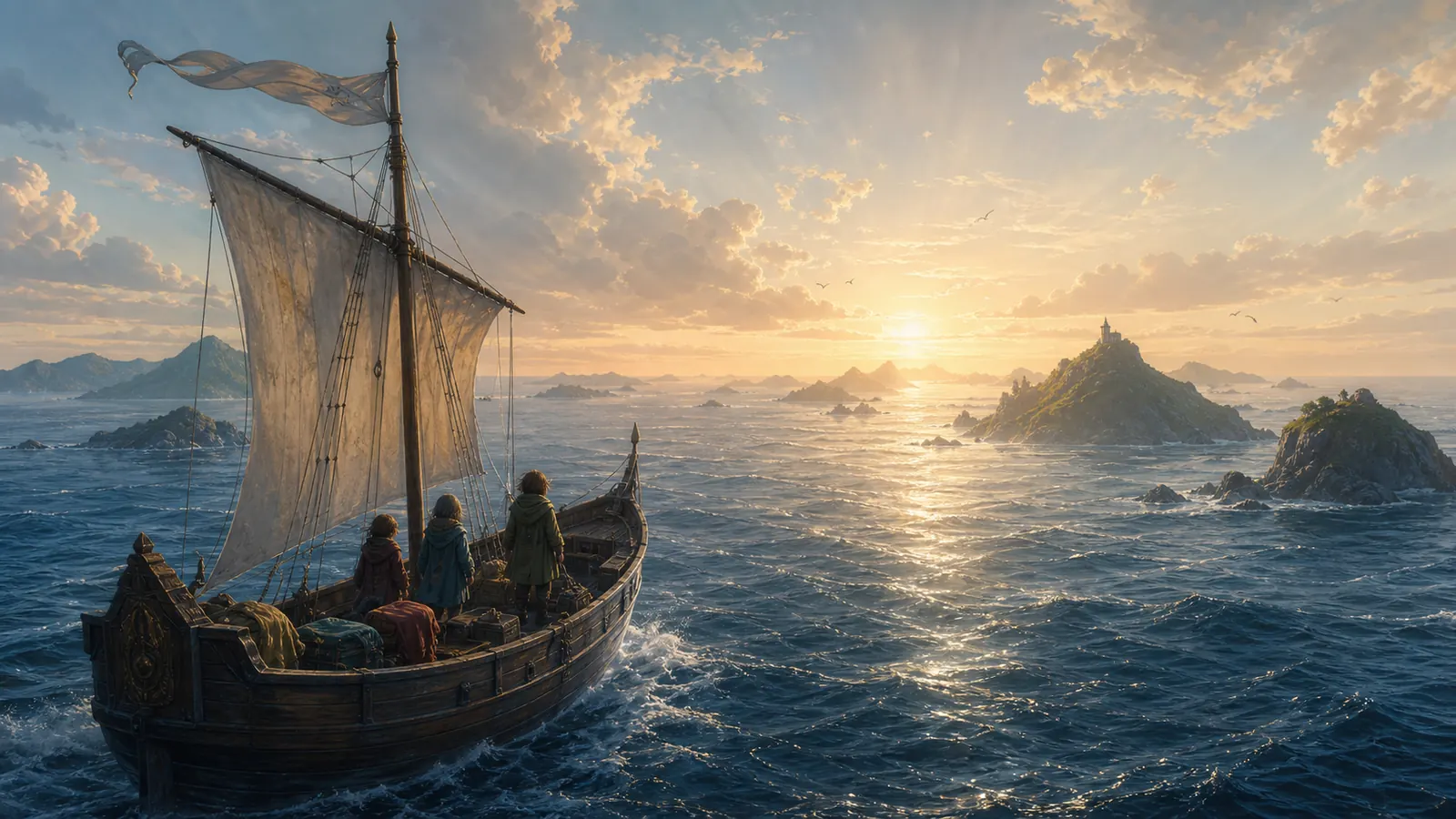 A small wooden ship sailing toward a shining horizon and distant islands, with folded child-sized cloaks on deck and sunrise over a mythic sea