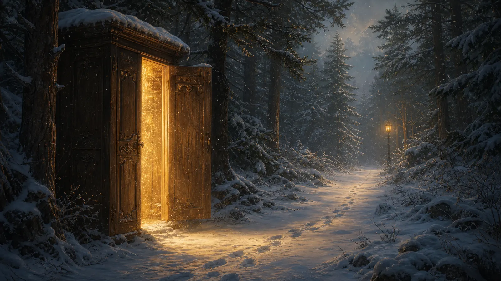 An old wooden wardrobe door open at the edge of a snowy forest, warm golden light spilling into snow, a lamp-like glow among trees, and footprints on a winter path