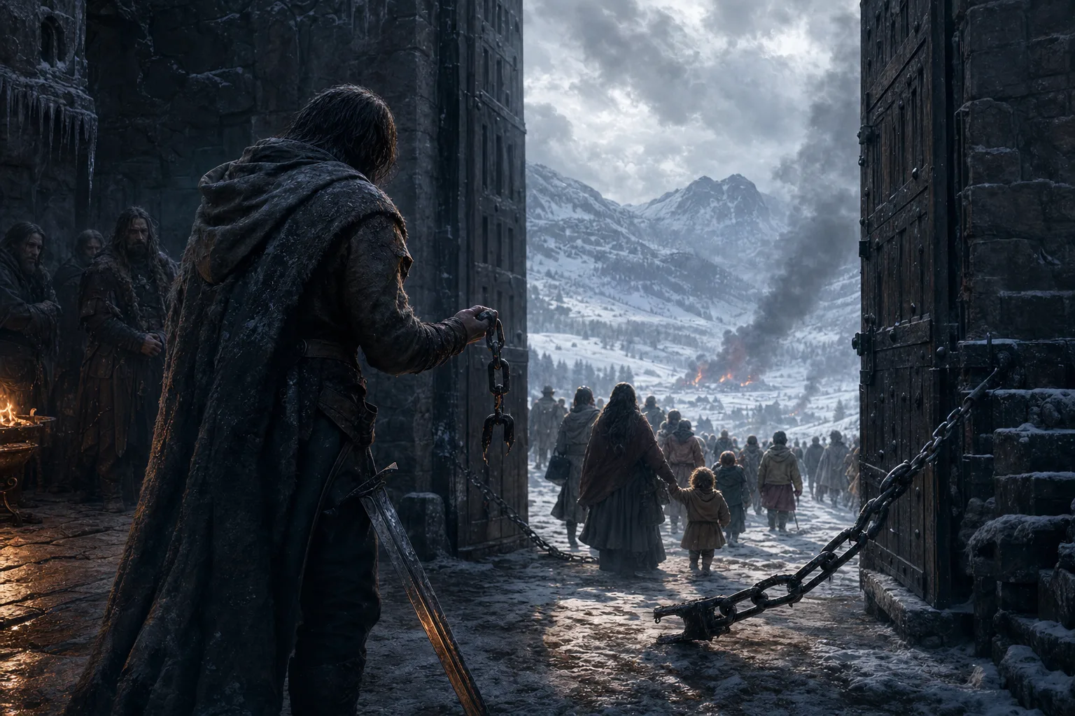 A guard has broken the chain of a winter gate so families can escape the fortress while his former comrades watch in silence