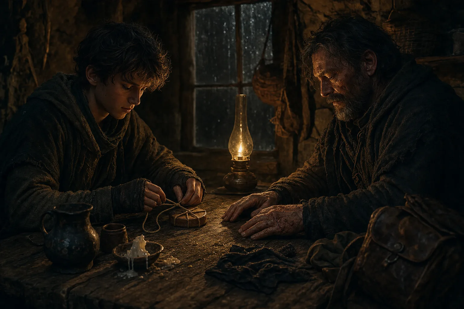 A young man in a rain-beaten cottage ties a cord around a wooden token while his older self watches from across the table, contemplating the price of that decision