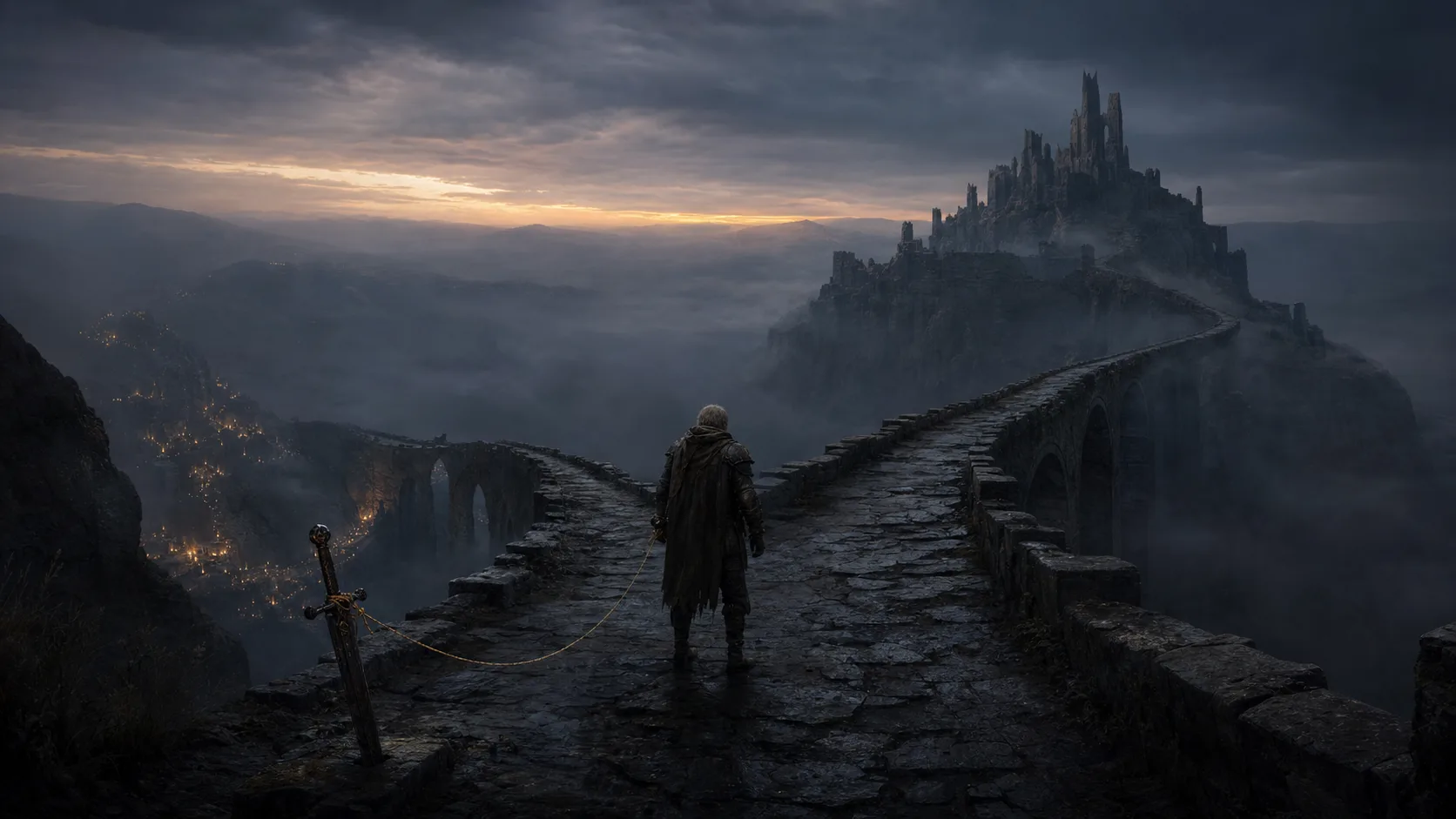 An ageing traveller stands at the fork of a ruined bridge, bound by a golden cord to an old sword and the road behind him