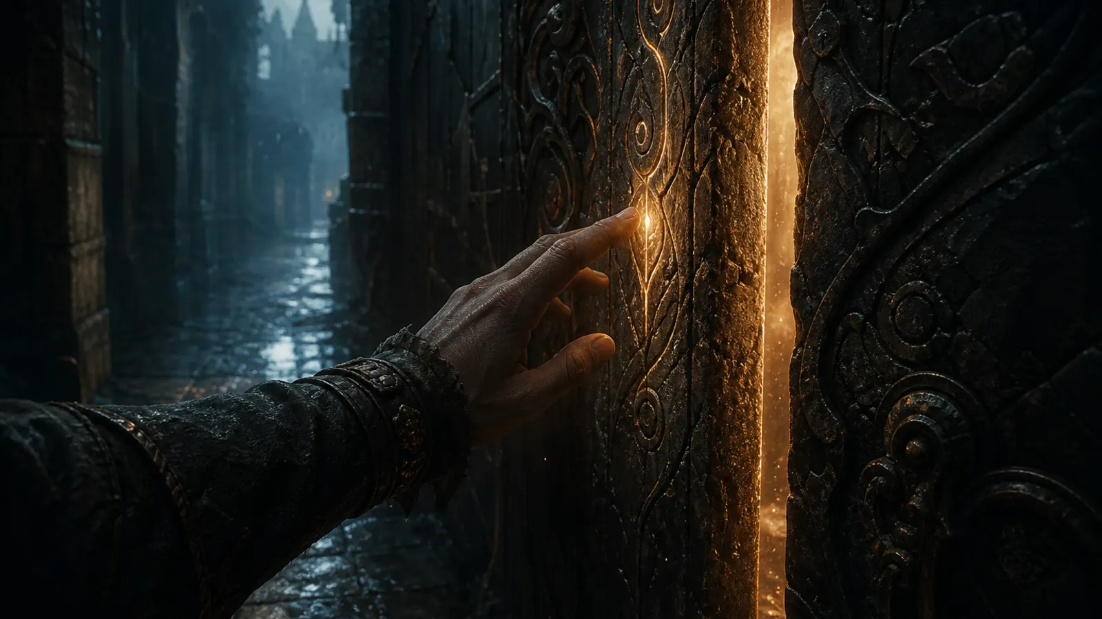 Una mano acercándose a una puerta de piedra tallada iluminada por una estrecha grieta dorada
