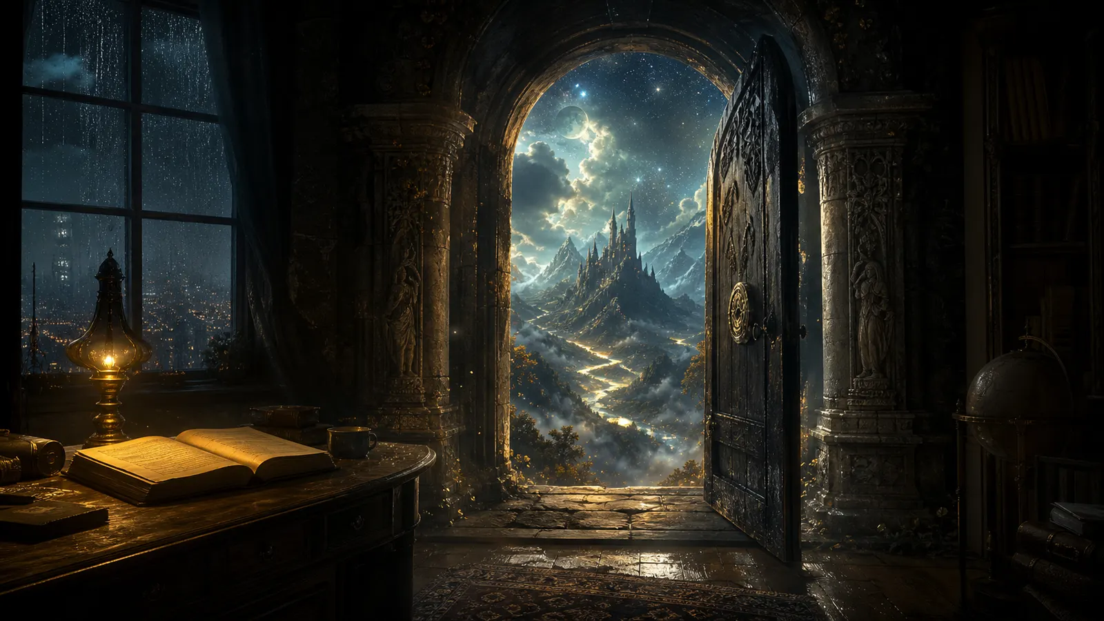 Una antigua puerta de piedra que se abre desde una habitación oscura hacia un vasto mundo fantástico bajo la luna