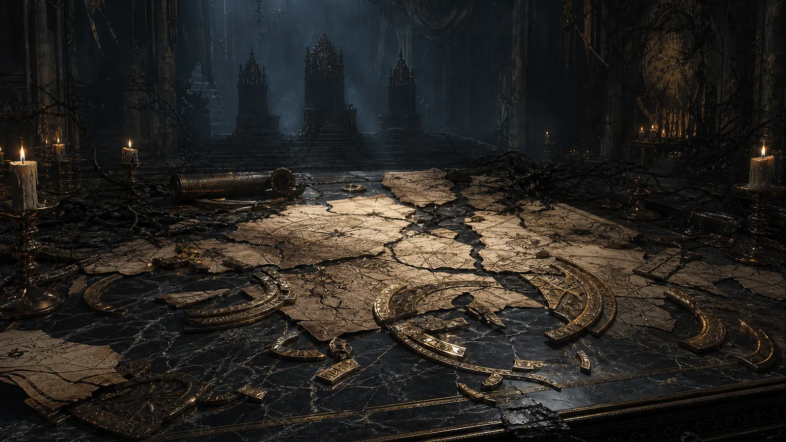 An ancient war-room table with a fractured sacred map, broken golden ring-like sigils, black roots, candles, and distant empty thrones