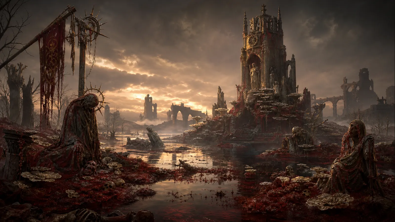A poisoned red-and-gold wetland around a ruined sacred tower, pale fungus, broken saint statues, stagnant water, and distant collapsed bridges