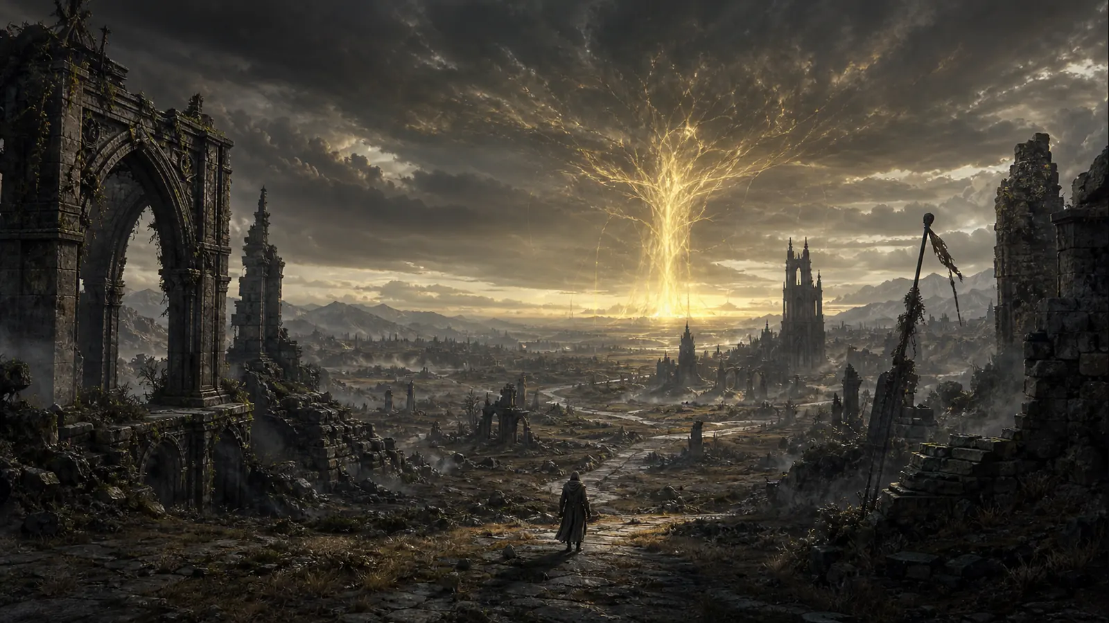 A vast ruined fantasy landscape with a distant abstract golden tree-shaped light, broken cathedral arches, cracked roads, and a lone traveler under a gray storm sky