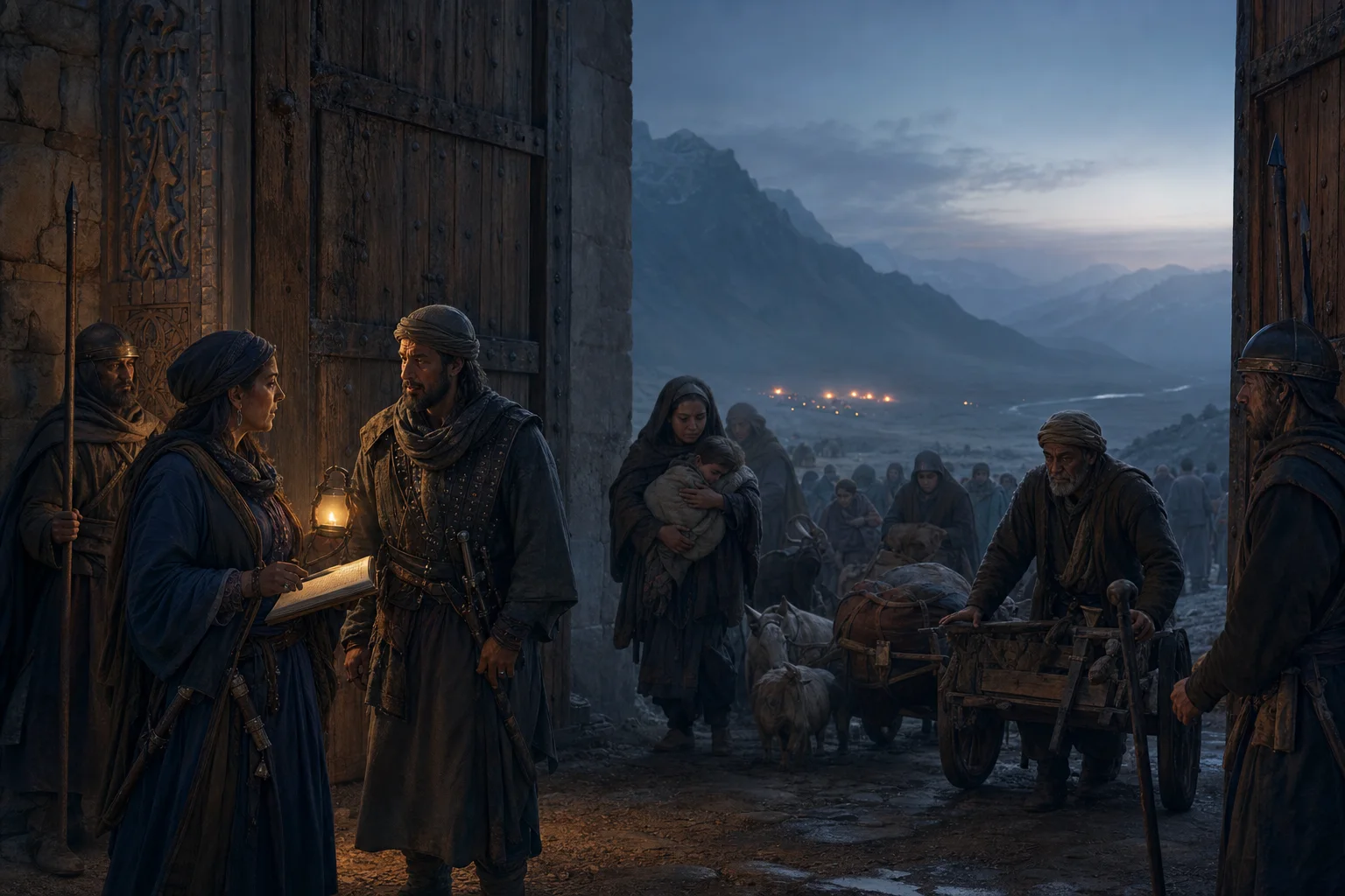 Villagers arriving at the fortress in the last hours before the gate is sealed
