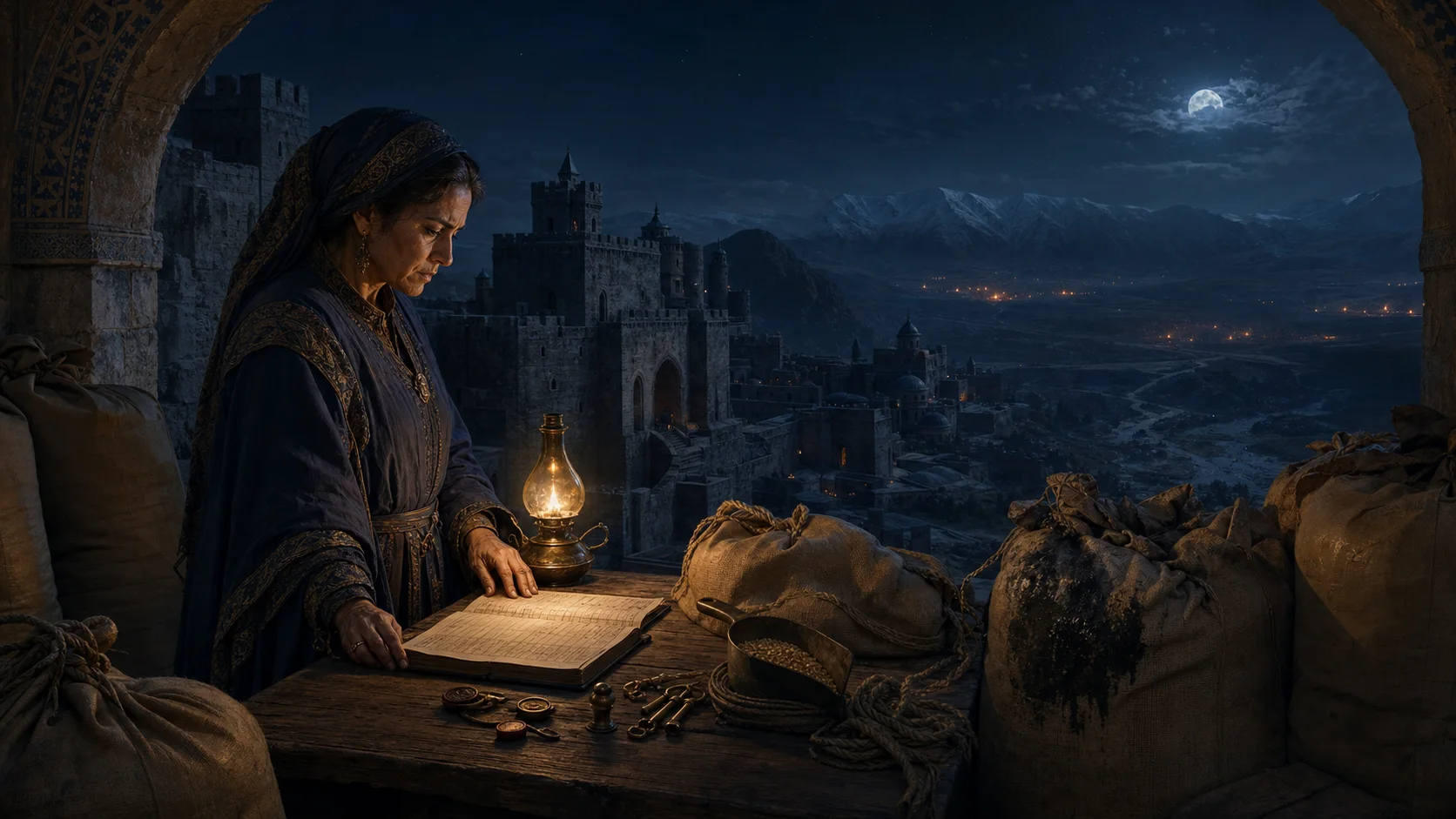 Mehra beside the ration ledger and sacks of grain as the fortress prepares for its final night before the siege