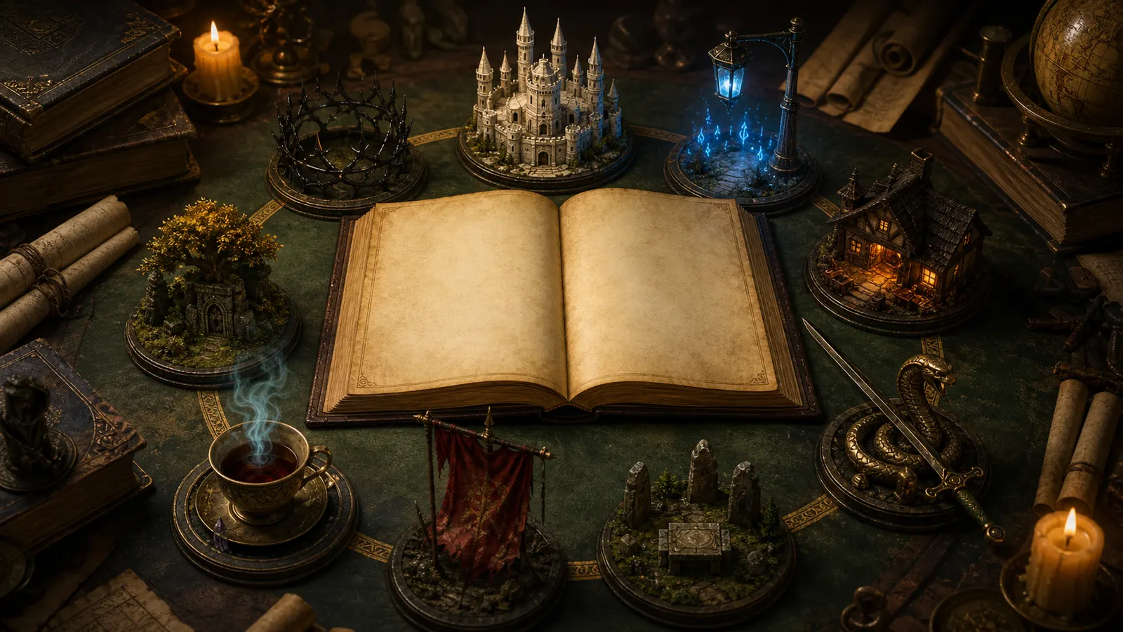 An archive desk with symbolic objects for different fantasy genres