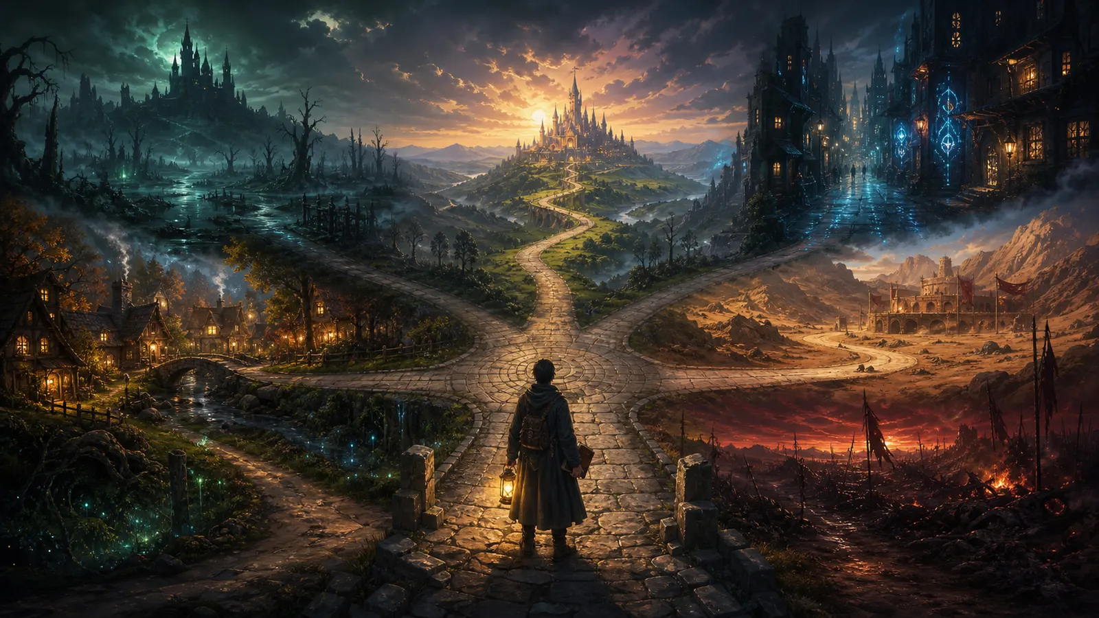 A traveler at a crossroads where each road leads to a different kind of fantasy