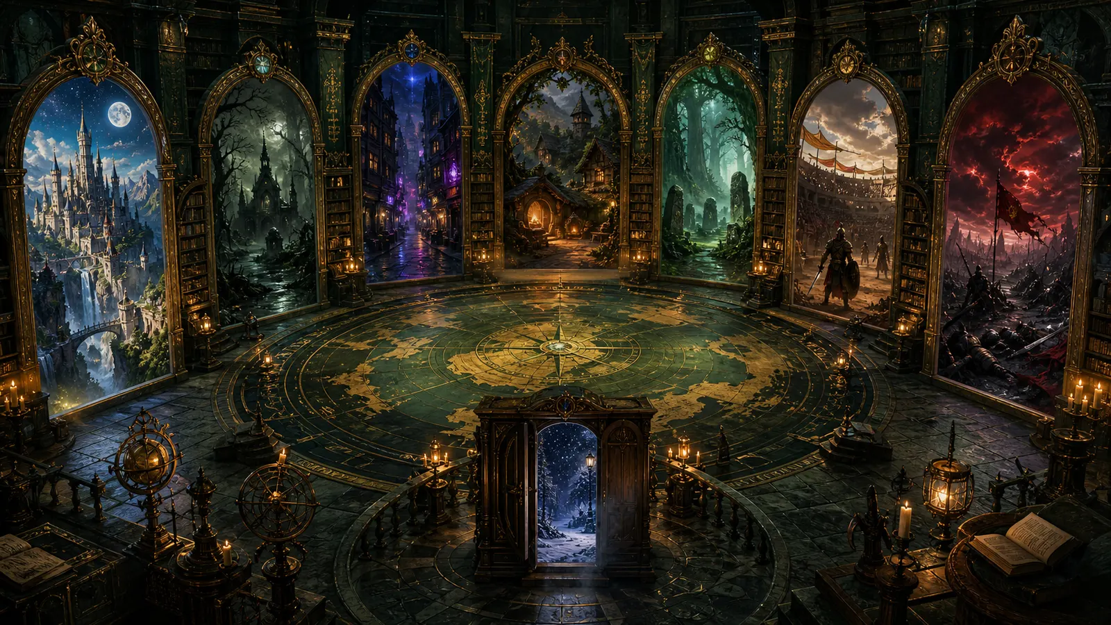 A magical hall with portals opening into different fantasy genres