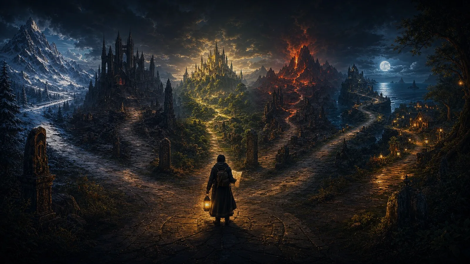 Fantasy heroes standing at a crossroads of light, shadow, crown, sword, and road