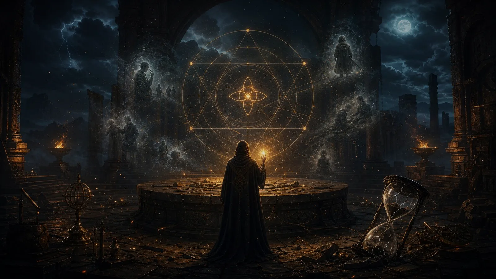 A gray hero, shadow, mage, and wanderer beside broken fantasy mirrors
