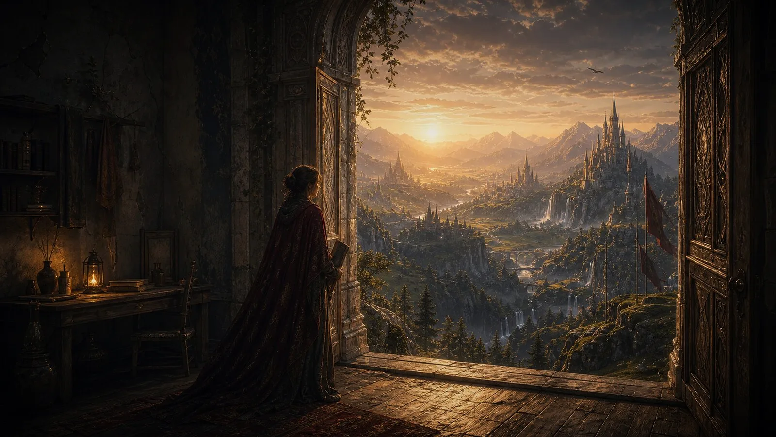 Several fantasy heroes standing on separate paths inside a dark luminous hall